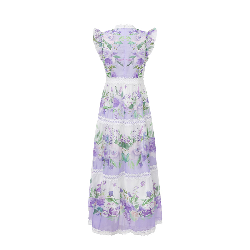 Lace splice spring boats sleeve long cstand collar dress