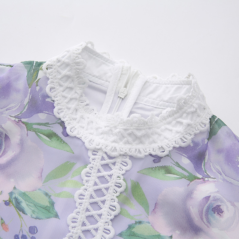 Lace splice spring boats sleeve long cstand collar dress