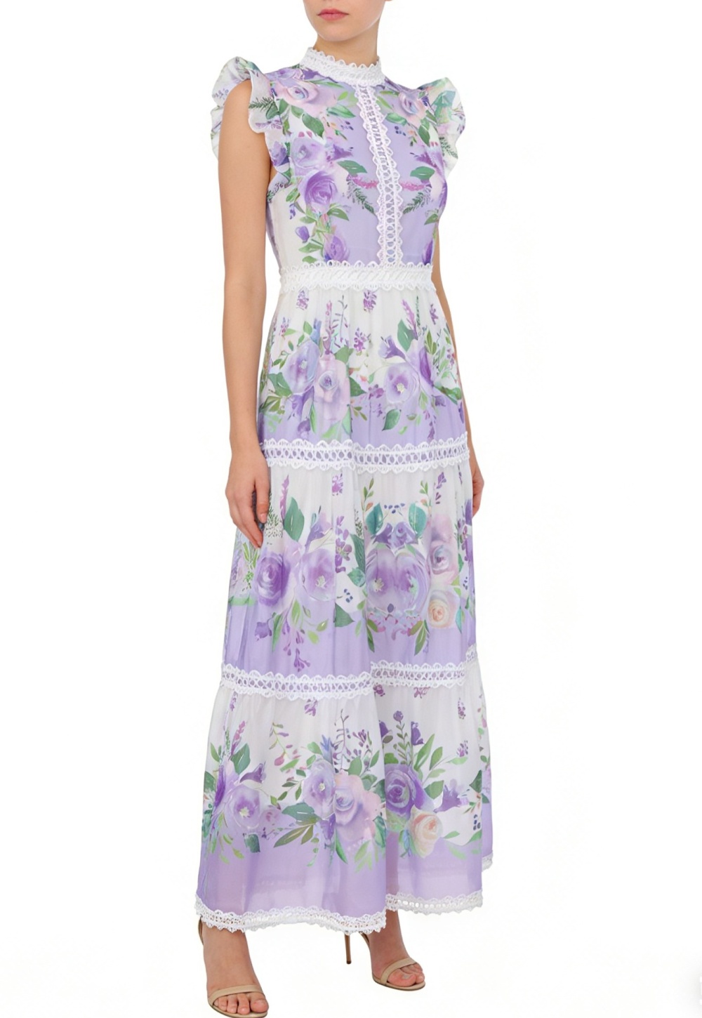 Lace splice spring boats sleeve long cstand collar dress