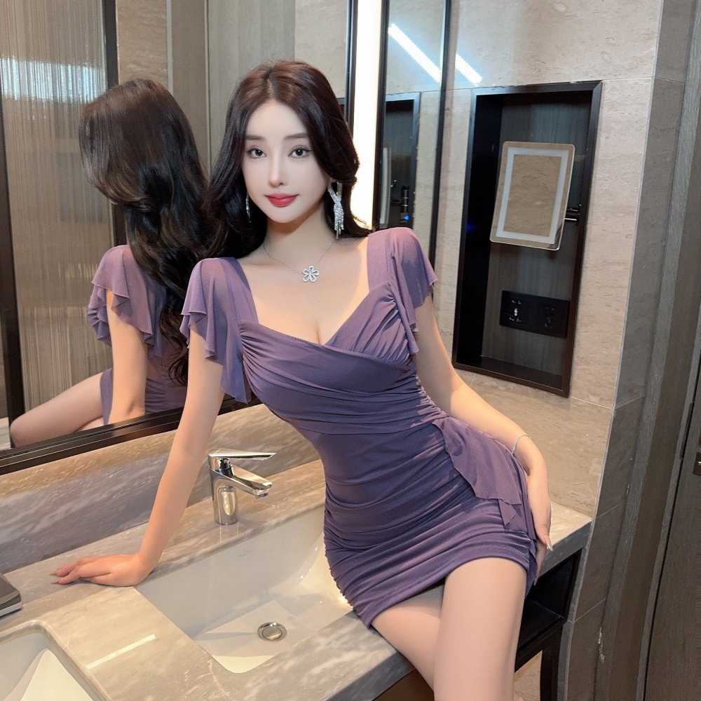 Tassels low-cut boats sleeve splice bottoming short gauze dress