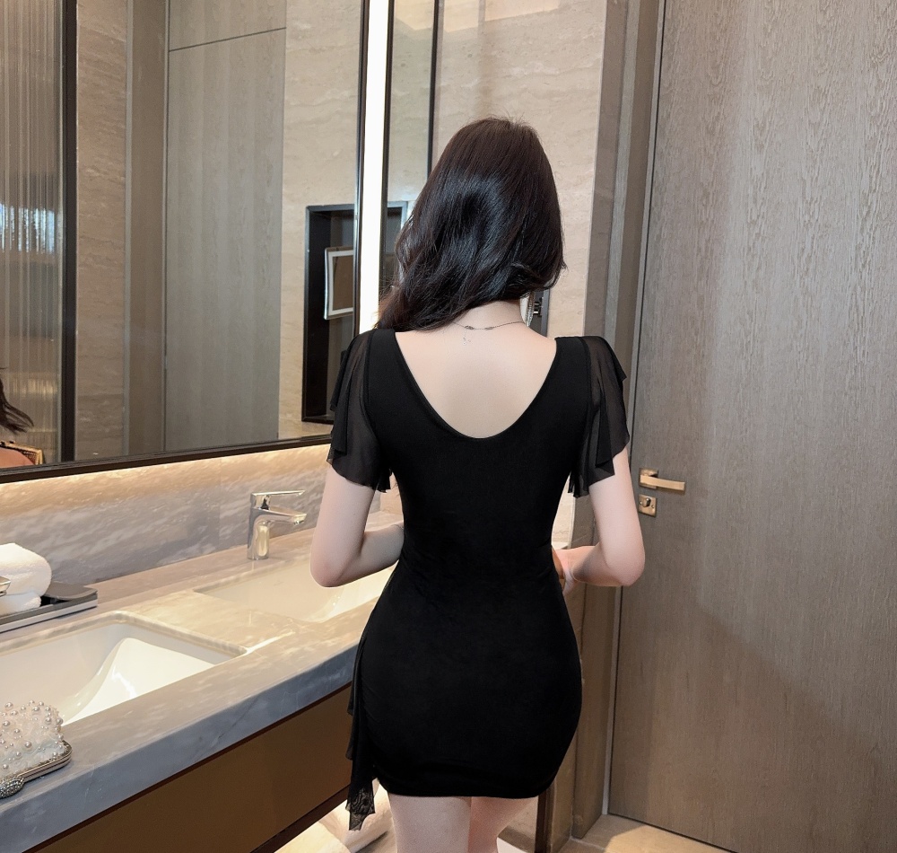 Tassels low-cut boats sleeve splice bottoming short gauze dress