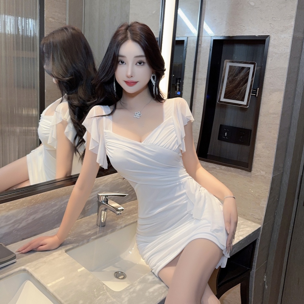 Tassels low-cut boats sleeve splice bottoming short gauze dress