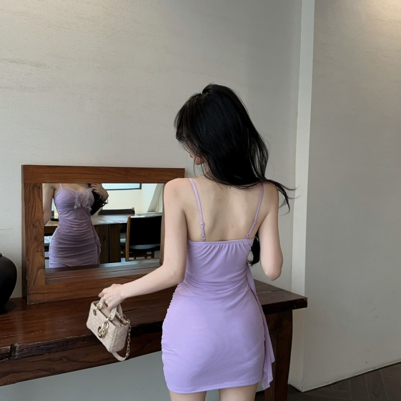 Sling short gauze sexy bottoming splice tassels dress