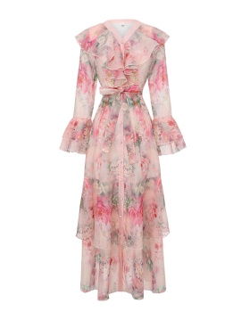 Mixed colors multilayer splice long printing dress