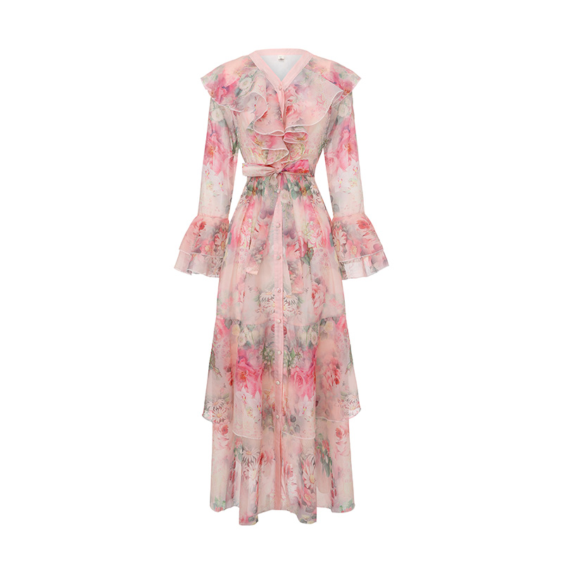 Mixed colors multilayer splice long printing dress