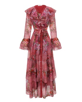 Long splice mixed colors printing dress