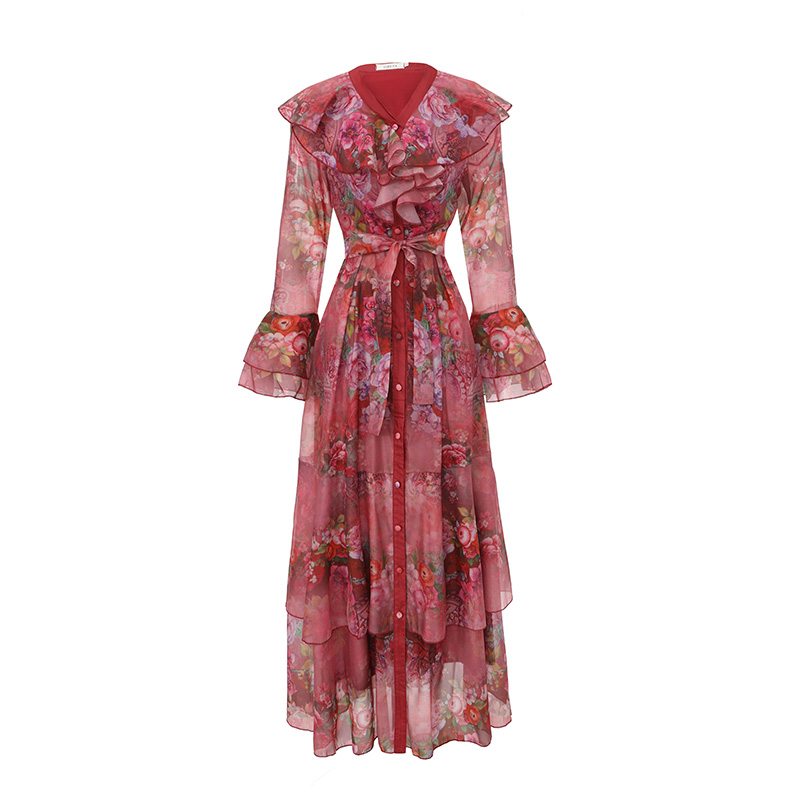 Long splice mixed colors printing dress