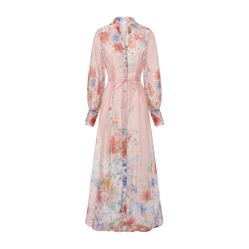 Long flowers puff sleeve painting dress