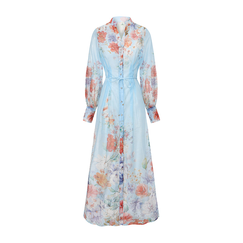 Painting long flowers puff sleeve dress