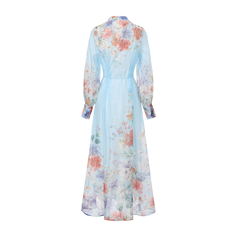 Painting long flowers puff sleeve dress