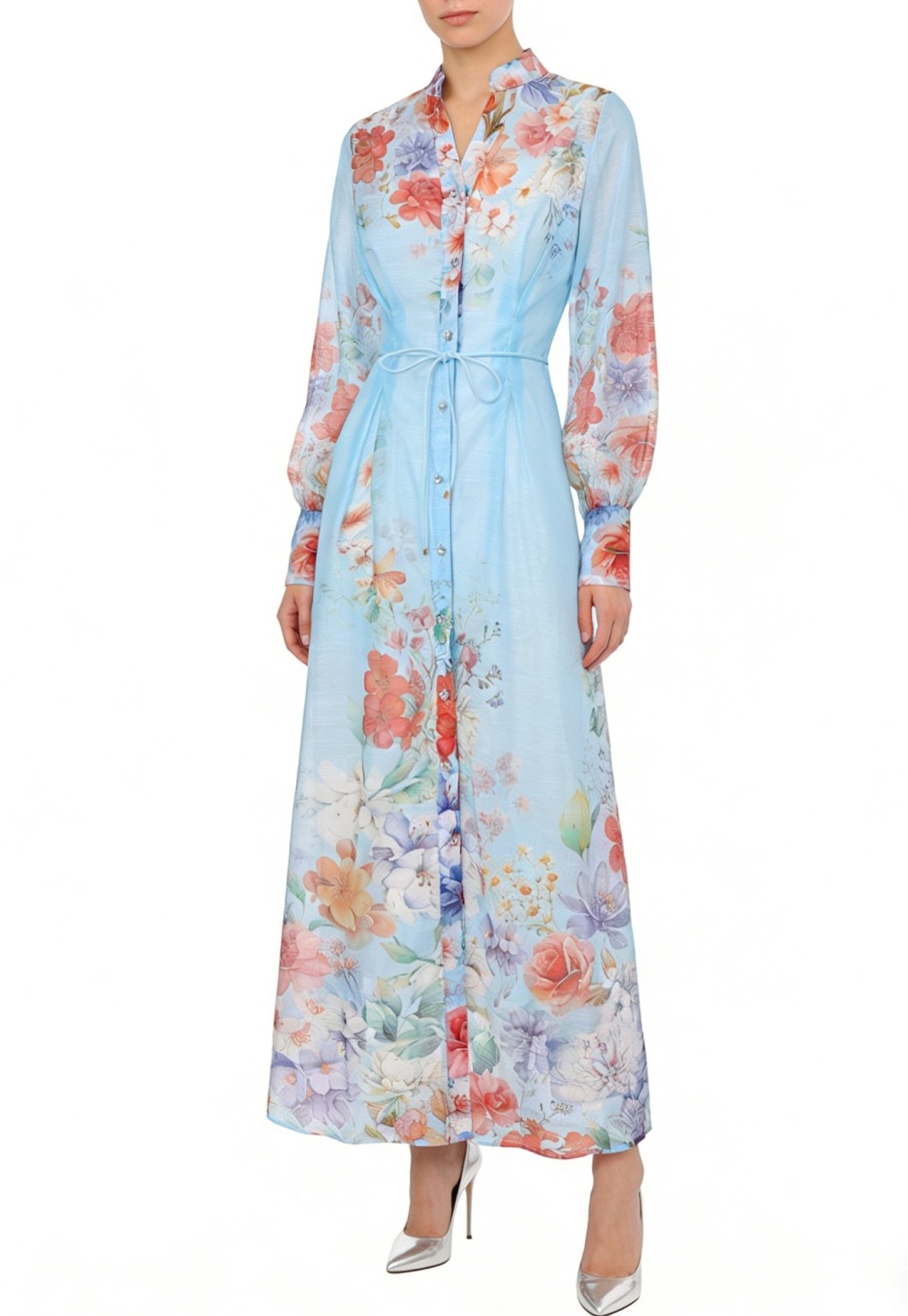 Painting long flowers puff sleeve dress