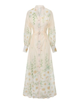 Flowers spring and summer painting puff sleeve long dress