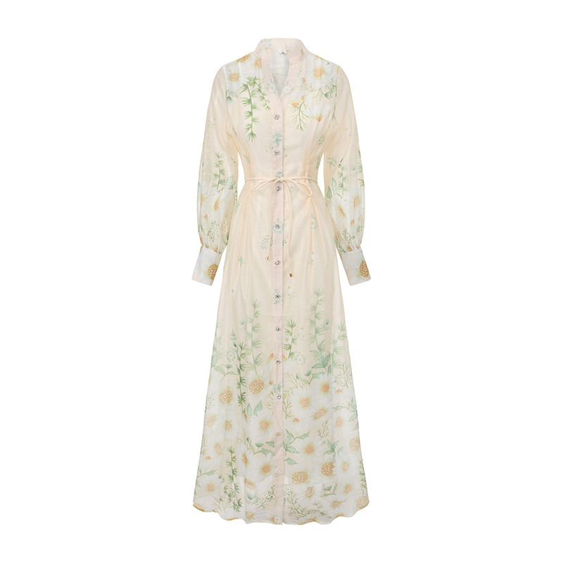 Flowers spring and summer painting puff sleeve long dress