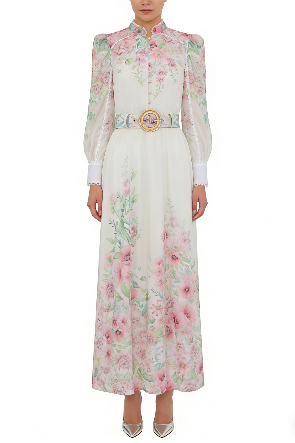 Puff sleeve lace long spring and summer painting dress