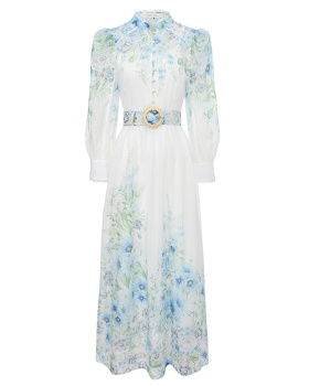 Spring and summer flowers puff sleeve painting lace dress