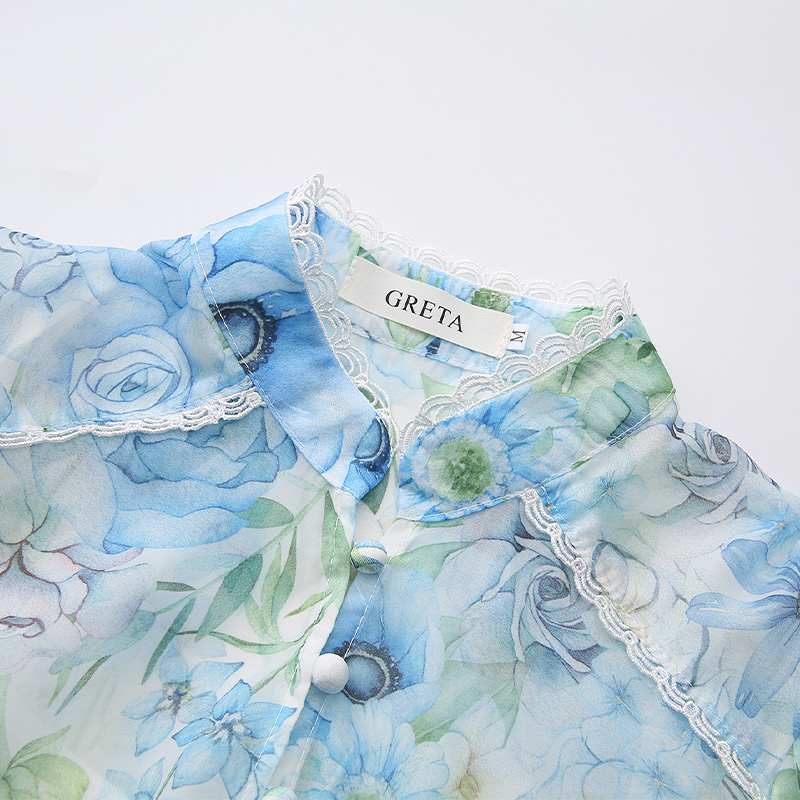 Spring and summer flowers puff sleeve painting lace dress