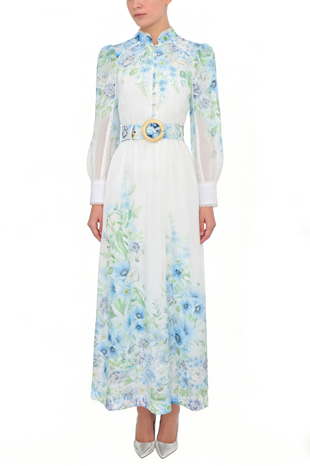 Spring and summer flowers puff sleeve painting lace dress