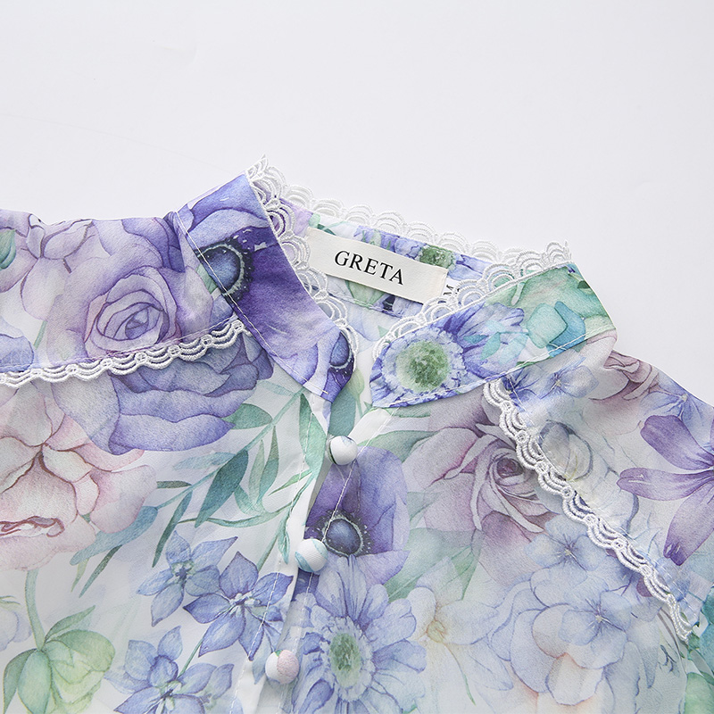 Painting lace spring and summer puff sleeve flowers dress