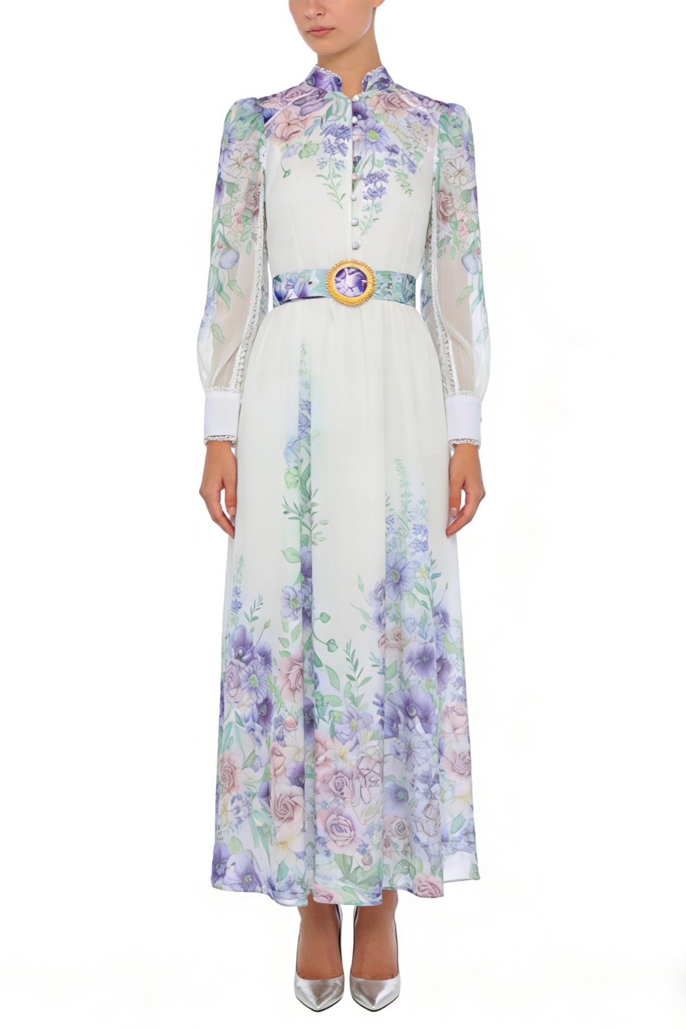 Painting lace spring and summer puff sleeve flowers dress