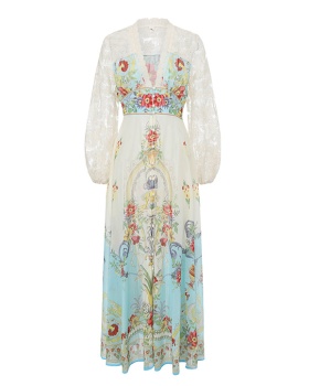 Splice vacation lace V-neck printing dress