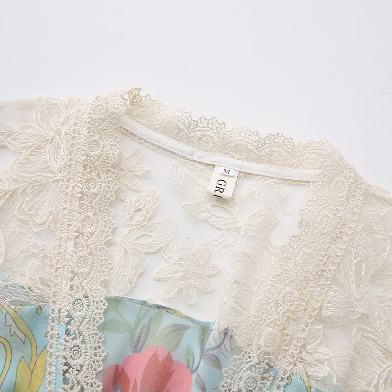 Splice vacation lace V-neck printing dress