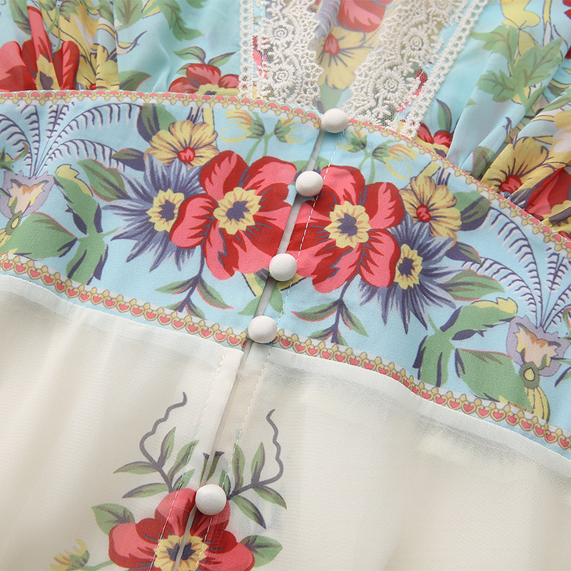 Splice vacation lace V-neck printing dress