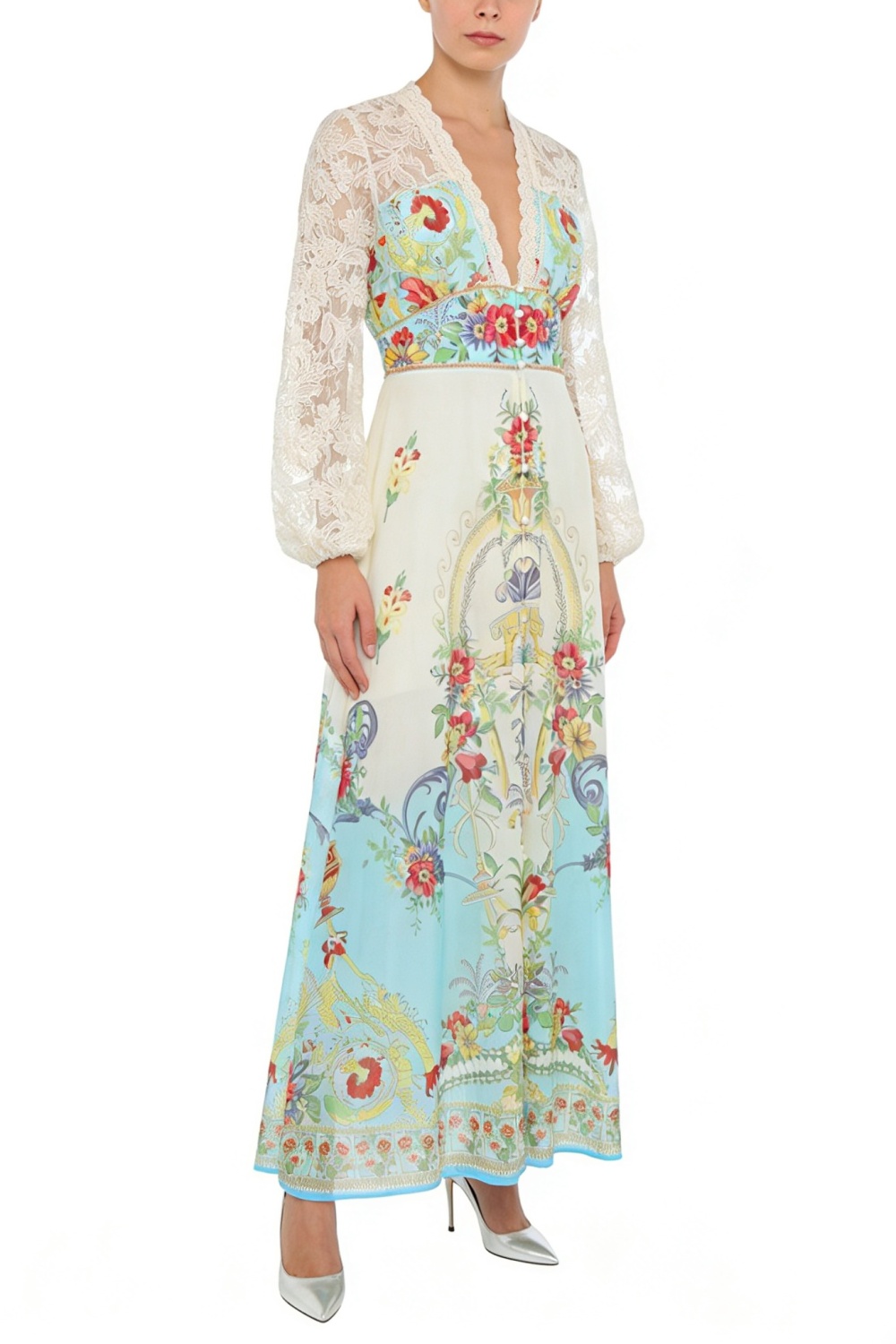 Splice vacation lace V-neck printing dress