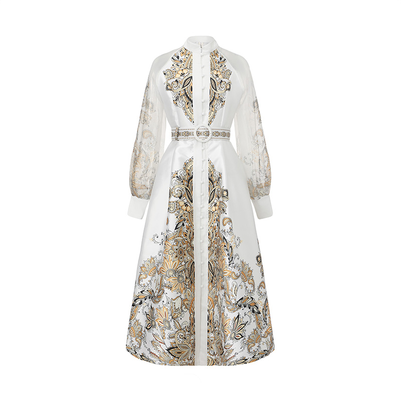 Long long sleeve national style dress spring printing corset