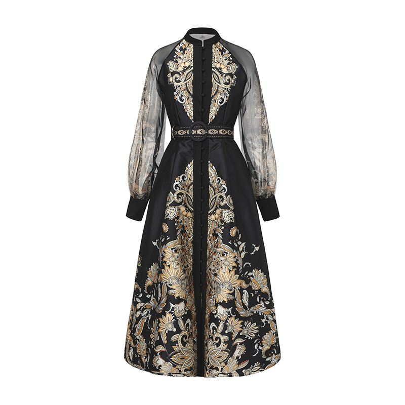 National style long corset spring printing dress