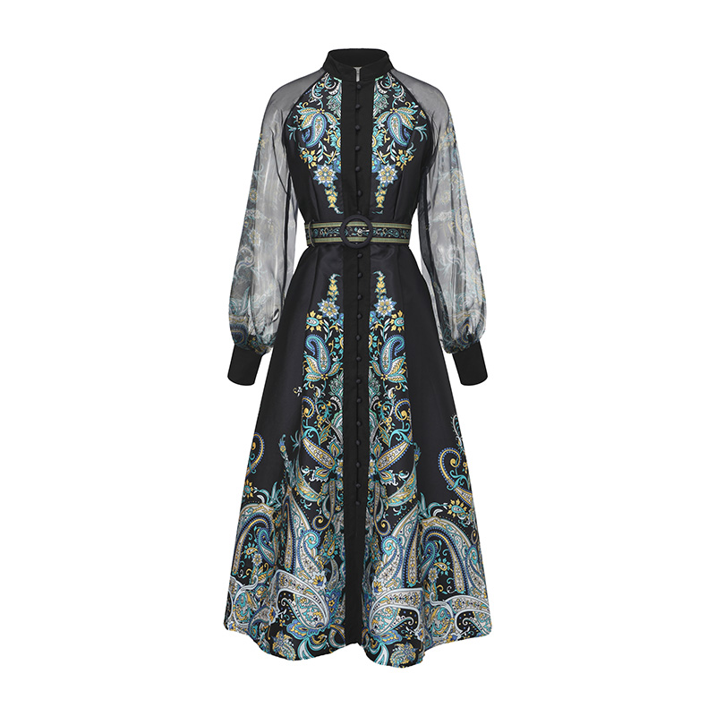 Printing national style corset spring long dress