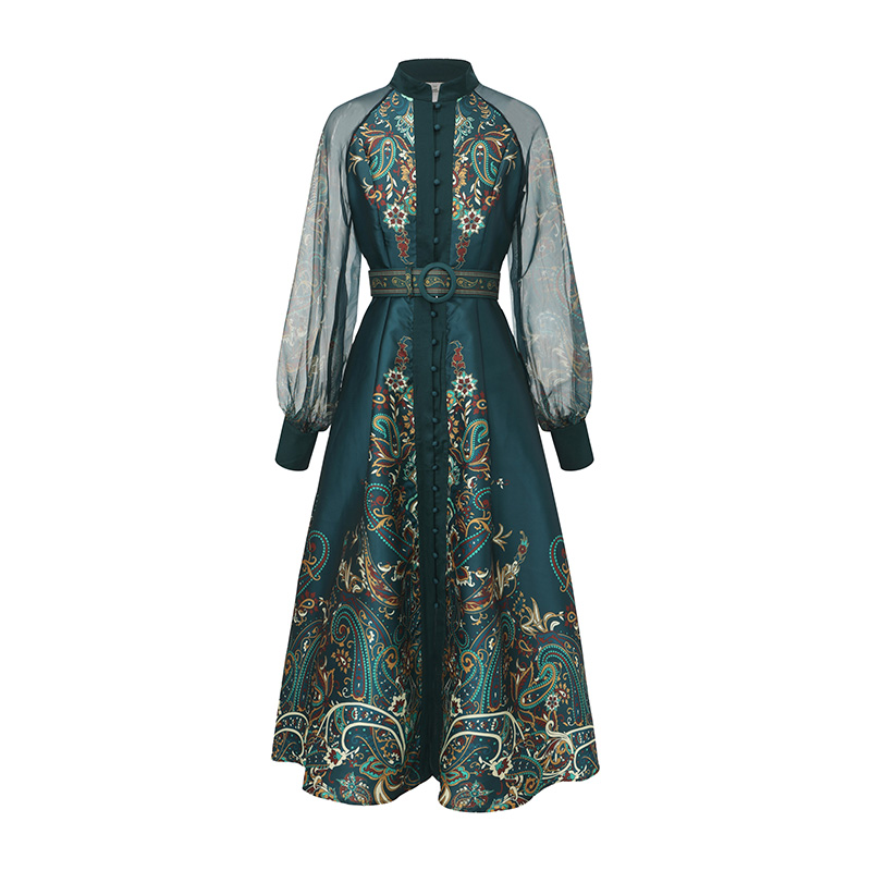 Long printing corset national style long sleeve dress