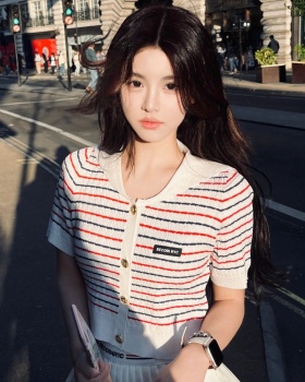 Summer navy collar sweater stripe lapel tops