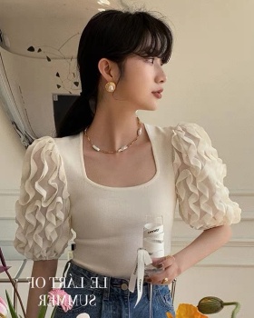 Slim France style retro T-shirt square collar short lace tops