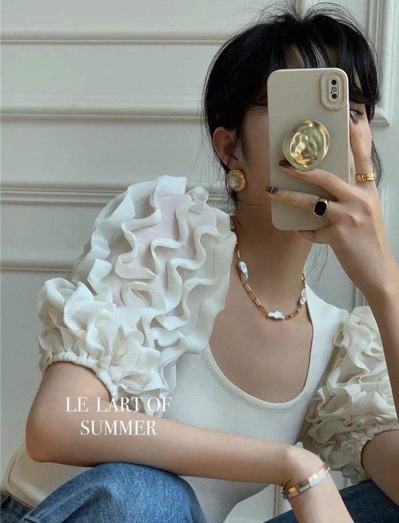 Slim France style retro T-shirt square collar short lace tops