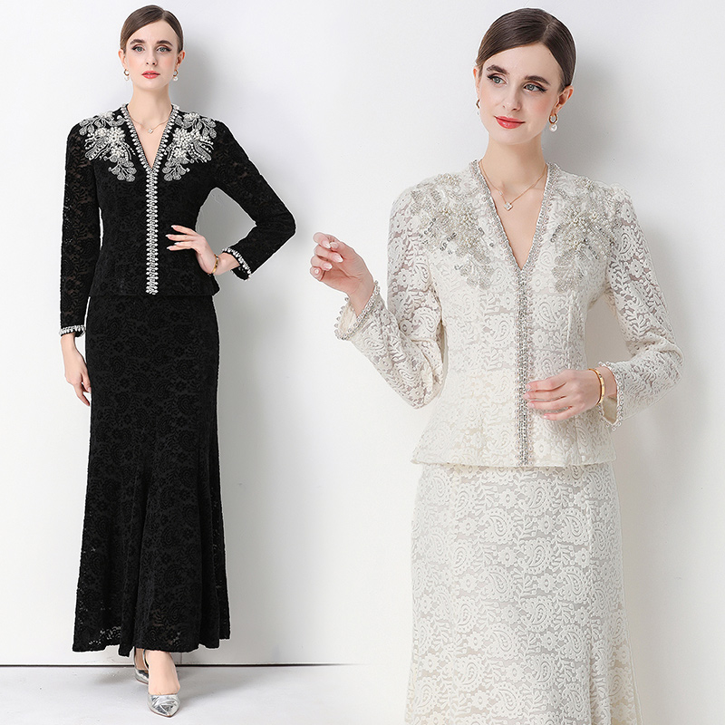 V-neck France style sequins mermaid skirt 2pcs set