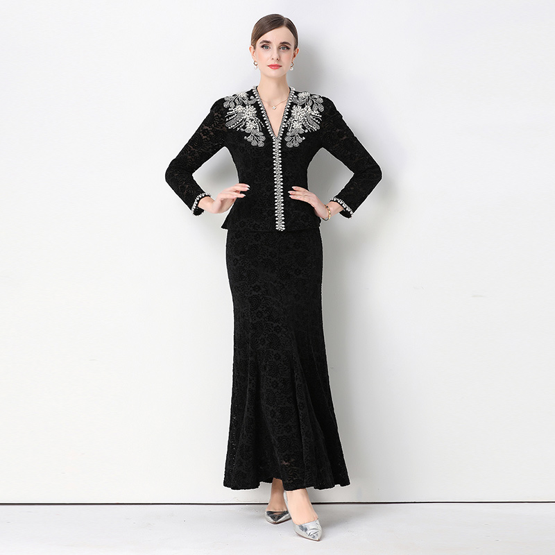 V-neck France style sequins mermaid skirt 2pcs set