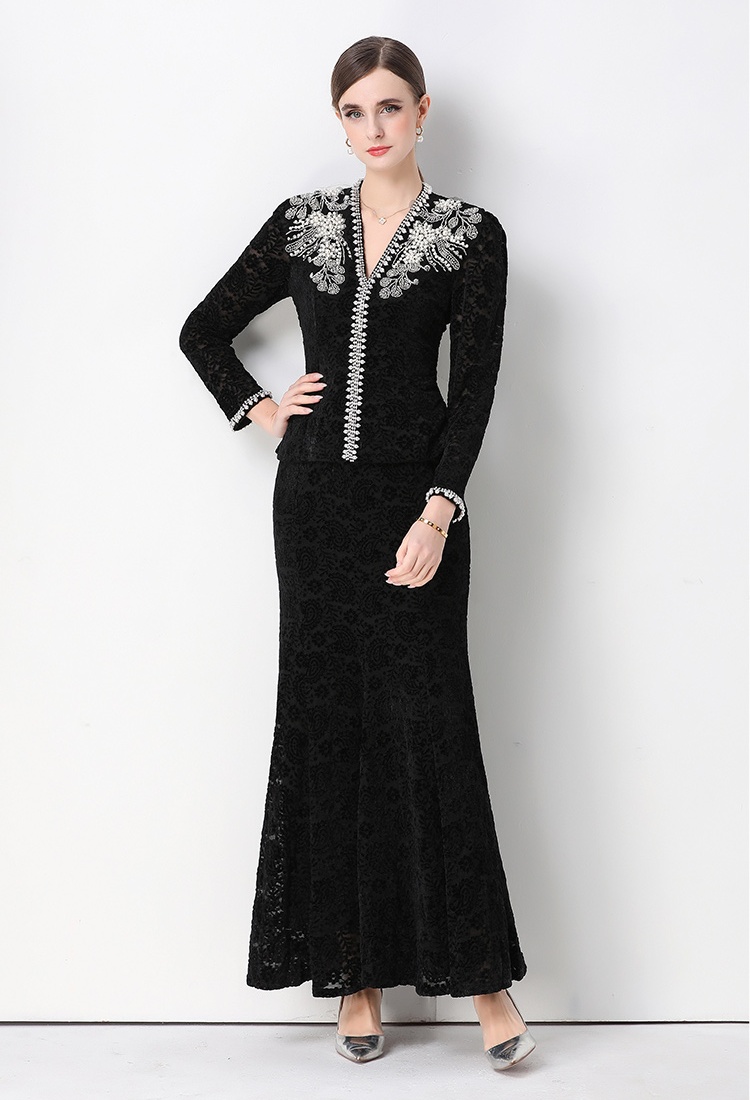 V-neck France style sequins mermaid skirt 2pcs set