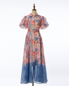 Pinched waist long colors fashion short sleeve dress