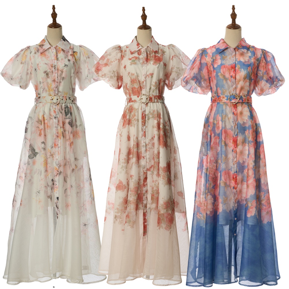 Pinched waist long colors fashion short sleeve dress