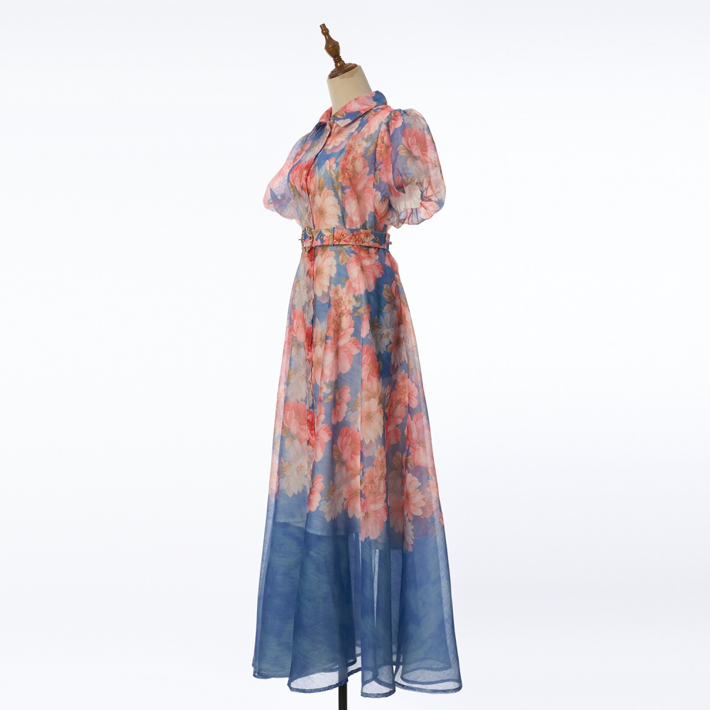 Pinched waist long colors fashion short sleeve dress