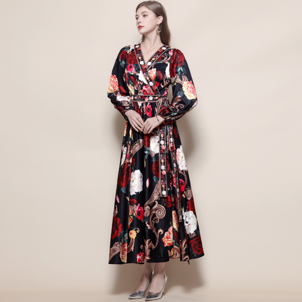 Temperament slim A-line long dress printing big skirt dress