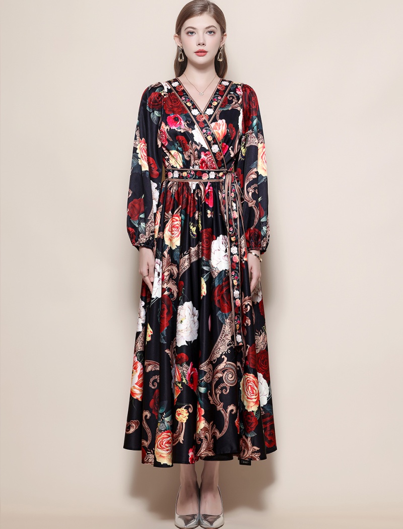 Temperament slim A-line long dress printing big skirt dress