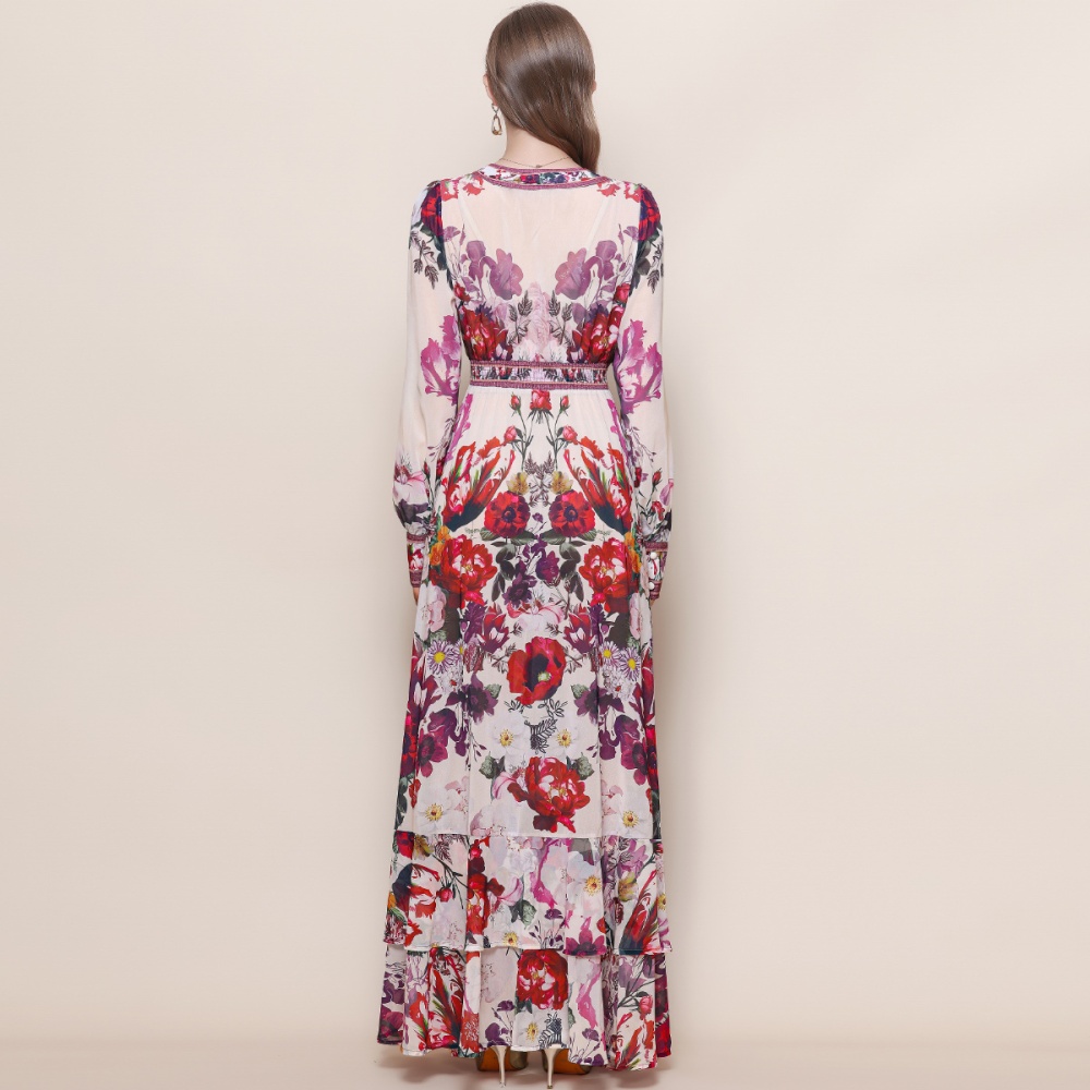 Printing big skirt V-neck long dress retro pinched waist dress