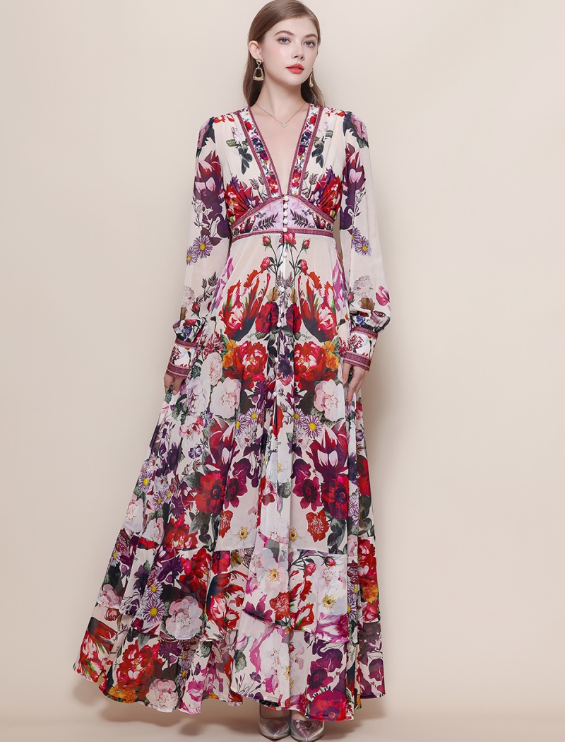 Printing big skirt V-neck long dress retro pinched waist dress