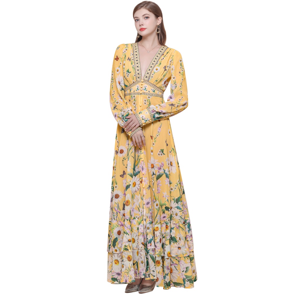 Big skirt V-neck dress frenum long dress for women