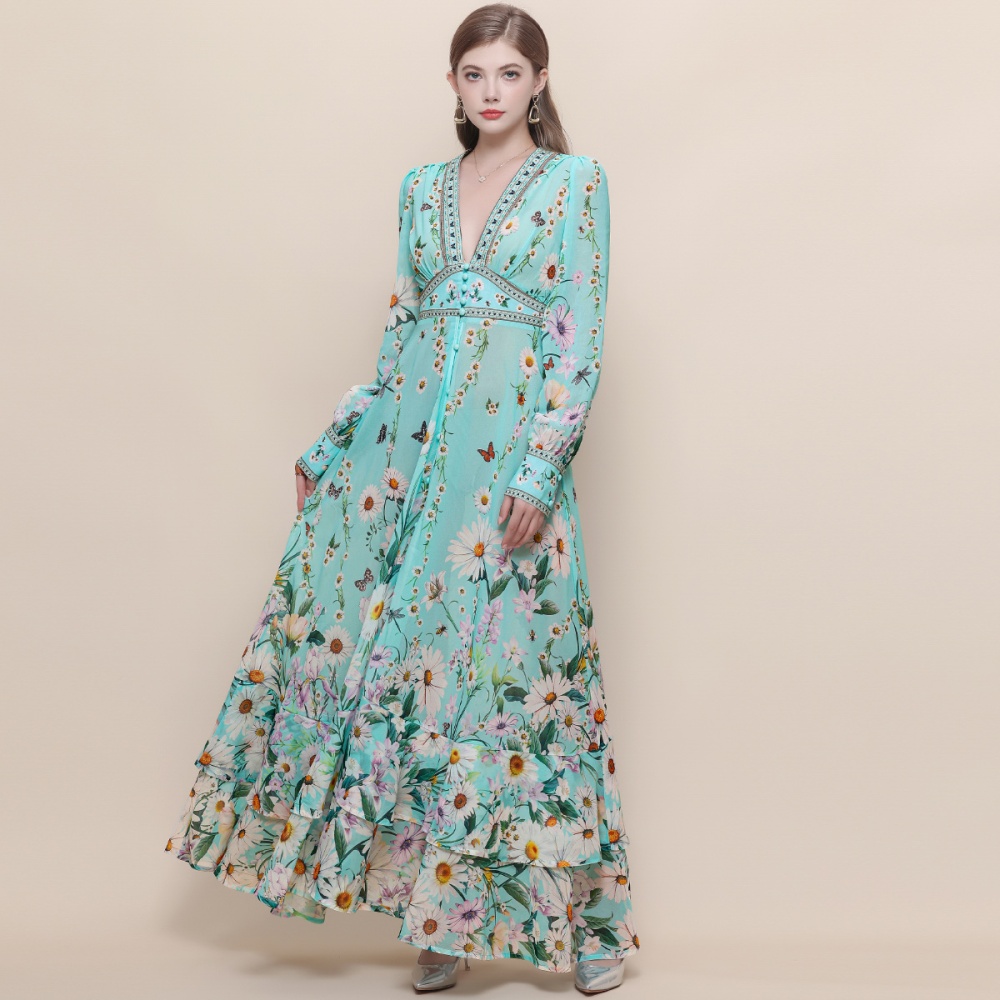 Pinched waist dress lantern sleeve long dress for women