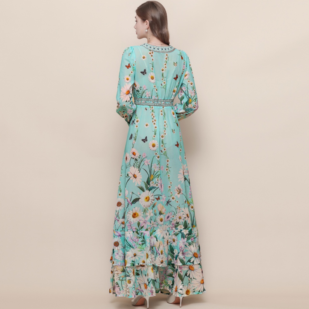 Pinched waist dress lantern sleeve long dress for women