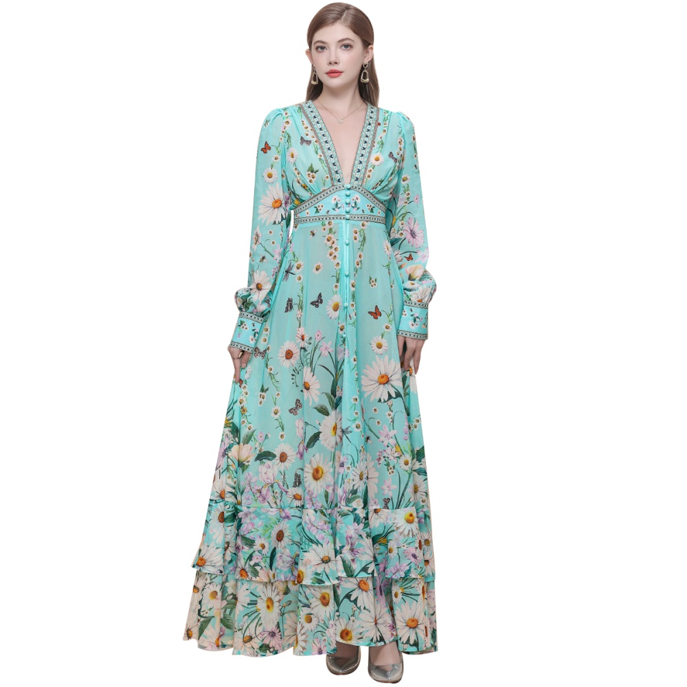 Pinched waist dress lantern sleeve long dress for women