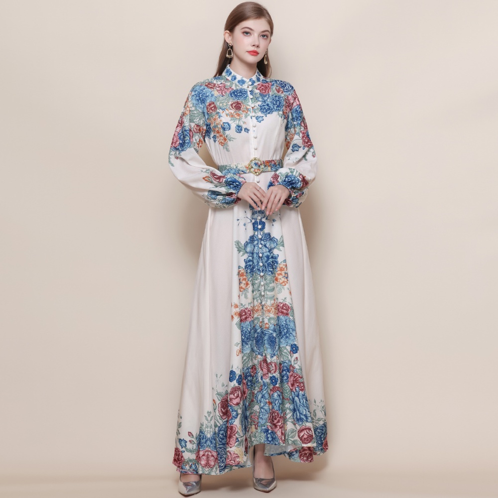 Breasted with belt formal dress puff sleeve long dress