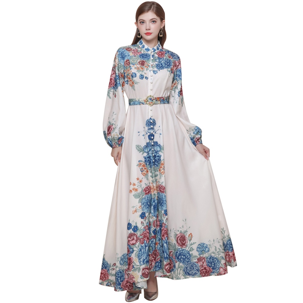 Breasted with belt formal dress puff sleeve long dress